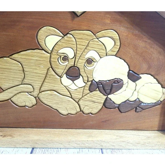 Lamb and Lion Manger Nativity Carved Wood Decor Holiday Winter